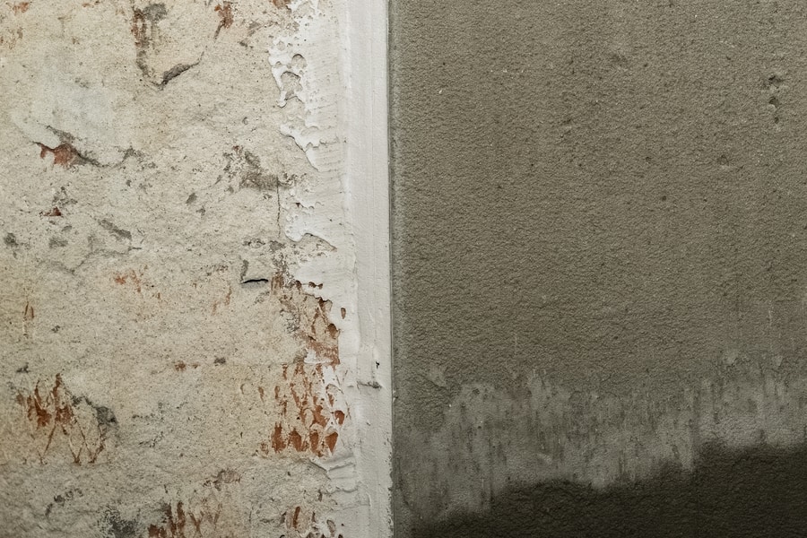 A close-up of two adjacent wall surfaces: the left side is rough, peeling, and discolored with patches of white and orange, while the right side is smoother and gray—highlighting the need for expert Stucco Services Central Florida.