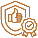 Brown outline icon showing a shield with a thumbs-up inside and a ribbon badge with a checkmark, symbolizing approval, quality, or certified security—perfect for representing trusted Stucco Services in Central Florida.