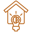 Outline of a house with a light bulb in front, containing a gear inside the bulb, symbolizing innovation or smart technology in the home—perfect for showcasing modern Stucco Services Central Florida.
