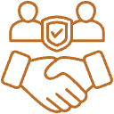 An orange line drawing of two people with a shield and check mark between them above a handshake, symbolizing trust and agreement—perfect for promoting Stucco Services Central Florida's commitment to reliable partnerships.