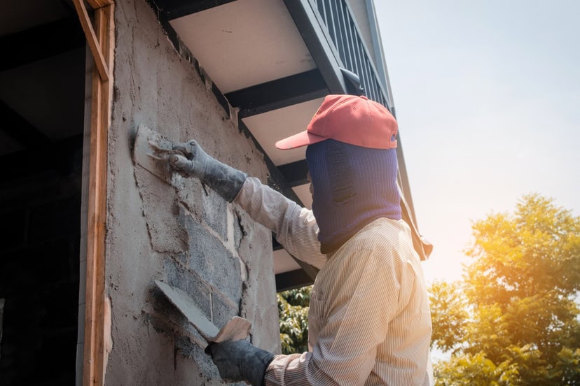 A construction worker wearing protective clothing spreads cement on an exterior wall with a trowel under sunlight, showcasing Stucco Services Central Florida next to a building and some trees.